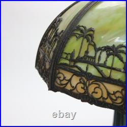 Bradley & Hubbard Arts & Crafts Two-Tone Slag Glass Table Lamp with Church Scene