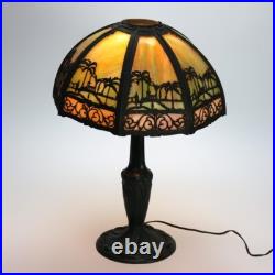 Bradley & Hubbard Arts & Crafts Two-Tone Slag Glass Table Lamp with Church Scene