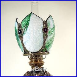 Bradley & Hubbard Banquet Lamp with Slag Glass, Ruby Faceted Jewels