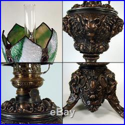 Bradley & Hubbard Banquet Lamp with Slag Glass, Ruby Faceted Jewels