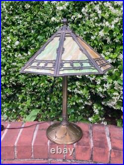 Bradley & Hubbard Lamp Antique Lighting Slag Glass Metal Overlay Table Lamp