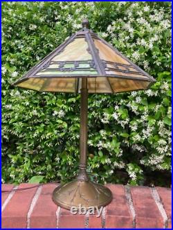 Bradley & Hubbard Lamp Antique Lighting Slag Glass Metal Overlay Table Lamp