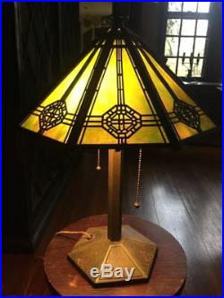 Bradley & Hubbard Prairie School 1910 Arts & Crafts green slag glass lamp NICE