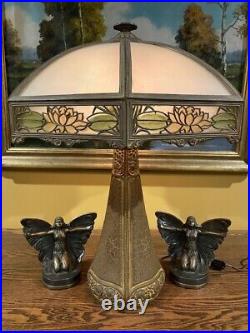 Bradley Hubbard Reverse Painted Slag Glass Antique Arts Crafts Lamp Handel Era