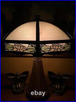 Bradley Hubbard Reverse Painted Slag Glass Antique Arts Crafts Lamp Handel Era