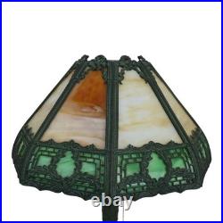 Bradley & Hubbard School Arts & Crafts 2 Tone 8 Panel Slag Glass Lamp C1920