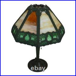 Bradley & Hubbard School Arts & Crafts 2 Tone 8 Panel Slag Glass Lamp C1920