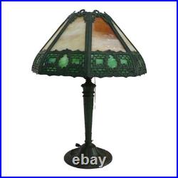 Bradley & Hubbard School Arts & Crafts 2 Tone 8 Panel Slag Glass Lamp C1920