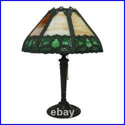 Bradley & Hubbard School Arts & Crafts 2 Tone 8 Panel Slag Glass Lamp C1920