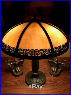 Bradley Hubbard slag glass arts crafts reverse painted antique lamp handel era