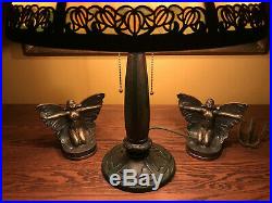 Bradley Hubbard slag glass arts crafts reverse painted antique lamp handel era