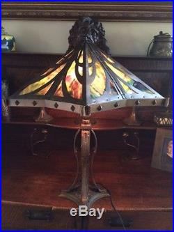 Bradley hubbard antique arts crafts mission slag glass leaded lamp handel era nr