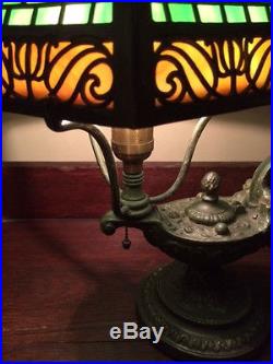 Bradley hubbard antique vintage slag glass arts crafts handel era desk lamp nr