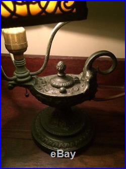 Bradley hubbard antique vintage slag glass arts crafts handel era desk lamp nr