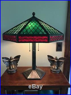 Bradley hubbard arts crafts slag glass antique mission handel era panel lamp