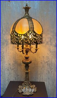 Brass Filigree-Slag Glass Tall Metal Lamp Vintage