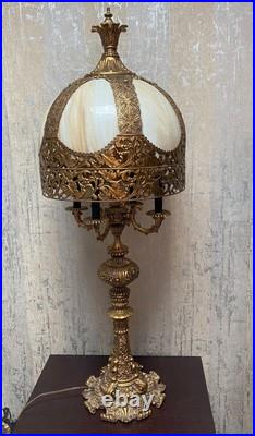 Brass Filigree-Slag Glass Tall Metal Lamp Vintage