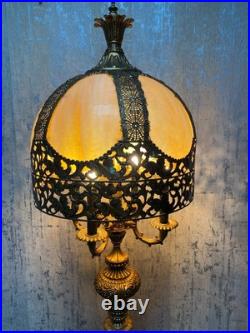 Brass Filigree-Slag Glass Tall Metal Lamp Vintage
