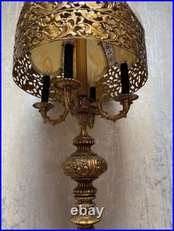 Brass Filigree-Slag Glass Tall Metal Lamp Vintage