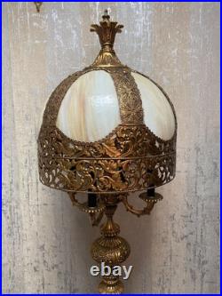 Brass Filigree-Slag Glass Tall Metal Lamp Vintage
