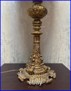 Brass Filigree-Slag Glass Tall Metal Lamp Vintage