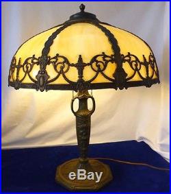 Bronze 2-Socket Lamp withAmber Slag Glass Shade. Attributed to Pittsburgh CO. 1920s