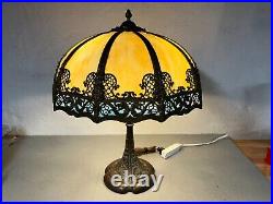 Bronze Base Slag Glass Table Lamp Handel Tiffany Era