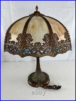 Bronze Base Slag Glass Table Lamp Handel Tiffany Era