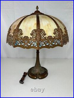 Bronze Base Slag Glass Table Lamp Handel Tiffany Era