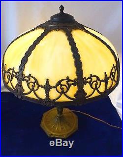 Bronze Green 1920s Lamp With Brass/Amber Slag Glass Shade