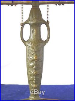 Bronze Green 1920s Lamp With Brass/Amber Slag Glass Shade