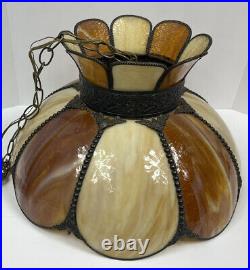 Brown & Cream Slag Stained Glass Hanging Swag Ceiling Lamp Light 8 Panel Tulip