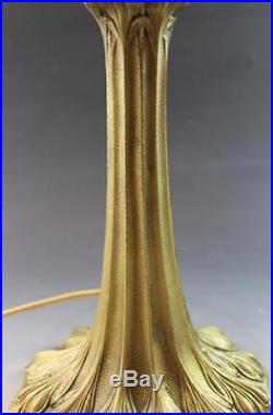 C1910 Art Nouveau Caramel Slag Glass Shade & Metal Overlay Lamp Fluted Base