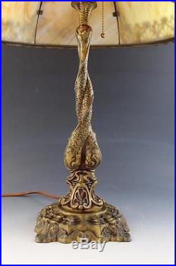 C1910 Caramel Slag Glass Shade & Metal Overlay Table Lamp with Dolphin Base