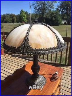 C1910 Caramel Slag Glass Shade & Metal Overlay Table Lamp with decorated base