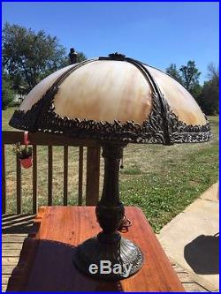 C1910 Caramel Slag Glass Shade & Metal Overlay Table Lamp with decorated base