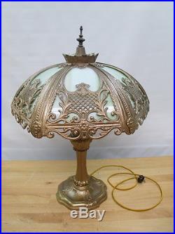 C1920s SLAG GLASS METAL OVERLAY SILHOUETTE TABLE LAMP HANDEL MILLER PITTSBURG