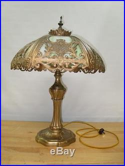 C1920s SLAG GLASS METAL OVERLAY SILHOUETTE TABLE LAMP HANDEL MILLER PITTSBURG
