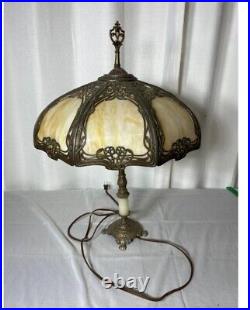 CARAMEL SLAG STAINED GLASS 8 PANEL DOUBLE SOCKET LAMP With METAL FILIGREE OVERLAY
