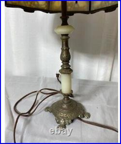 CARAMEL SLAG STAINED GLASS 8 PANEL DOUBLE SOCKET LAMP With METAL FILIGREE OVERLAY