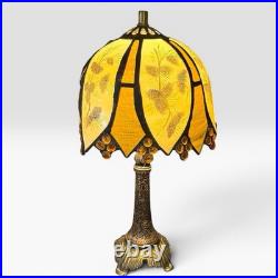 CURATED Slag glass table lamp/pinecone/woodland motif Signed by T. Sheridan