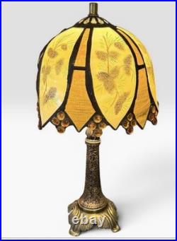 CURATED Slag glass table lamp/pinecone/woodland motif Signed by T. Sheridan