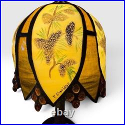 CURATED Slag glass table lamp/pinecone/woodland motif Signed by T. Sheridan