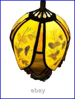 CURATED Slag glass table lamp/pinecone/woodland motif Signed by T. Sheridan