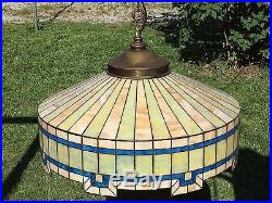C. 1910 Stained Slag Leaded Glass Hanging Lamp 4 Pull Chain Sockets 24 in. Wide