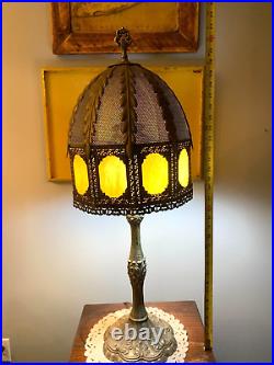 Cast Brass Ornate Table Lamp 10 Pane Slag  Glass Dual Pull Chain