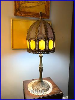 Cast Brass Ornate Table Lamp 10 Pane Slag  Glass Dual Pull Chain