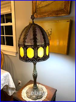 Cast Brass Ornate Table Lamp 10 Pane Slag  Glass Dual Pull Chain