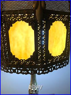 Cast Brass Ornate Table Lamp 10 Pane Slag  Glass Dual Pull Chain