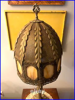 Cast Brass Ornate Table Lamp 10 Pane Slag  Glass Dual Pull Chain